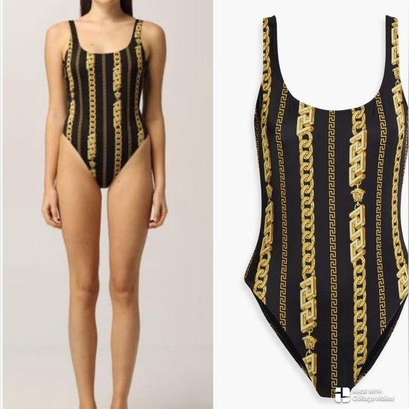 Versace Black & Gold Chain Strip Medusa one piece swimsuit NWT - Picture 1 of 8
